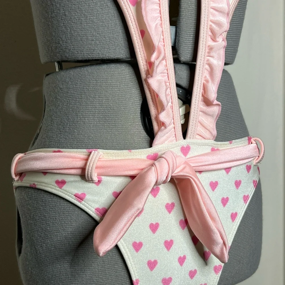 Skinny Dip Pink Heart Swimsuit Y2K Style Monokini Tiny Bikini Kawaii Small - Picture 3 of 5